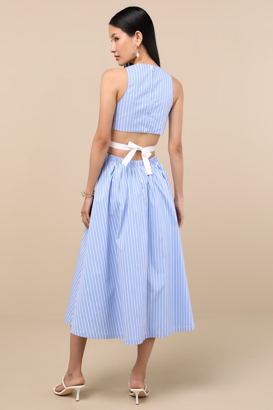 Lulus Kianne Blue Striped Cutout Tie-back Midi Dress In Multi