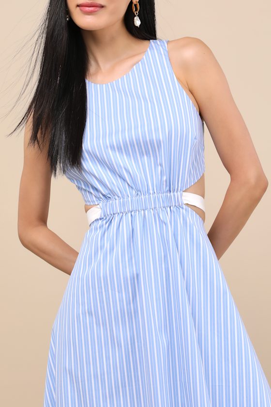 Lulus Kianne Blue Striped Cutout Tie-back Midi Dress In Multi