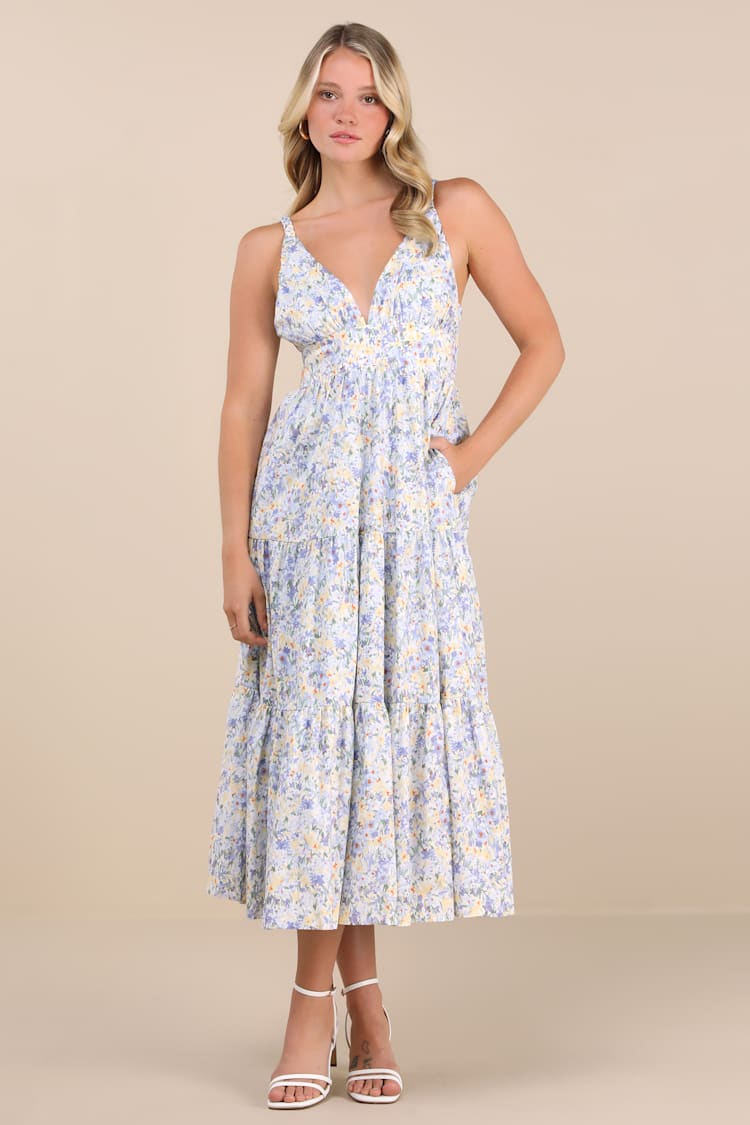 Brightly Blossoming Light Blue Floral Tiered Midi Dress
