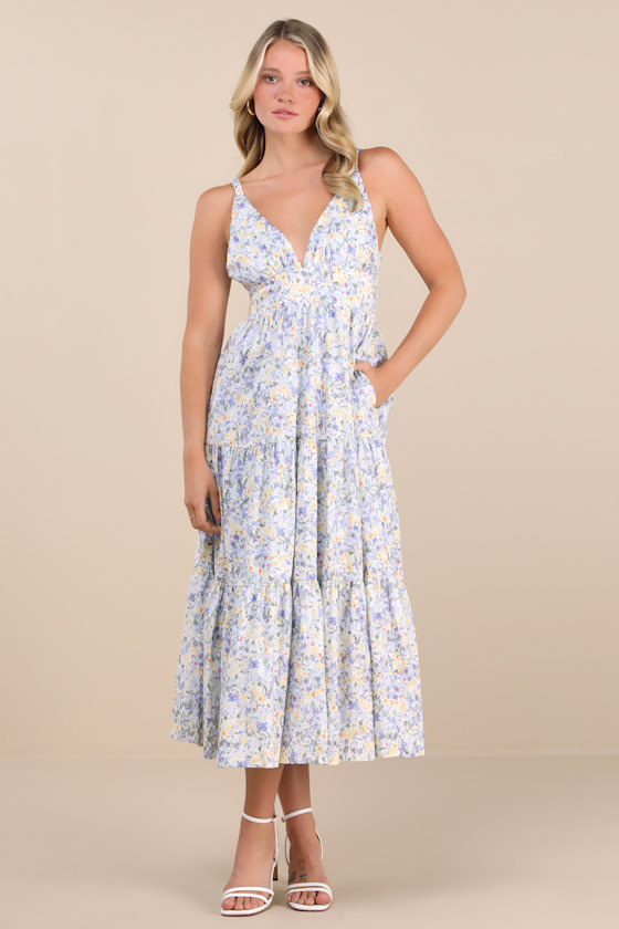 Brightly Blossoming Light Blue Floral Tiered Midi Dress 6