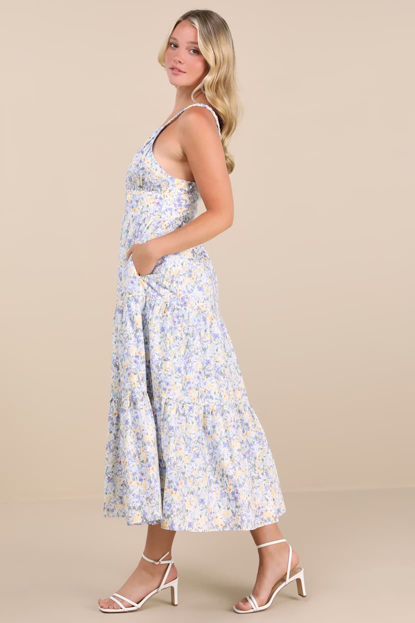 Brightly Blossoming Light Blue Floral Tiered Midi Dress