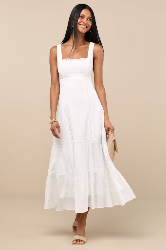 White Midi Dress - Lace Trimmed Dress - Sleeveless Tiered Dress