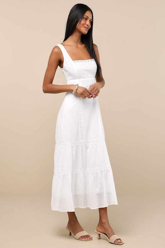 White Midi Dress - Lace Trimmed Dress - Sleeveless Tiered