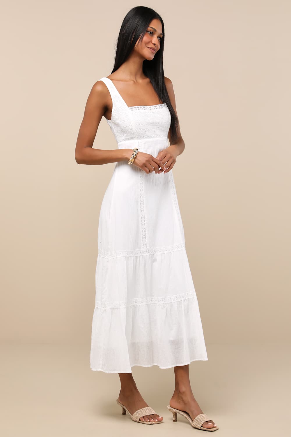 Esmeray White Lace Sleeveless Tiered Midi Dress