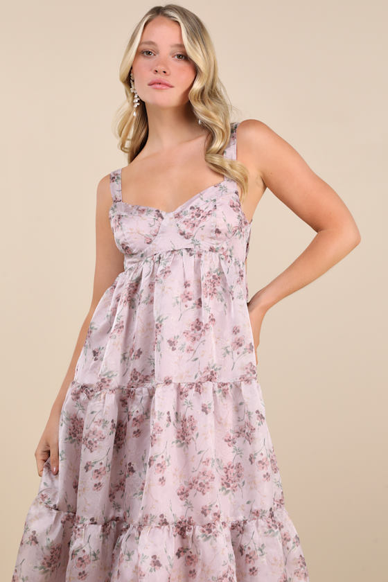 Marvelously Darling Mauve Floral Tiered Backless Midi Dress 5