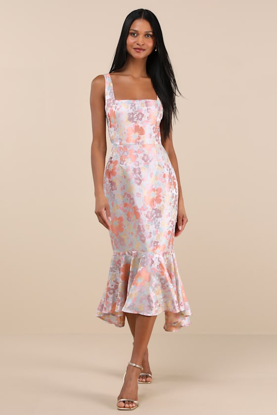 Mauve Floral Dress - Trumpet Midi Dress - Lace-Up Jacquard