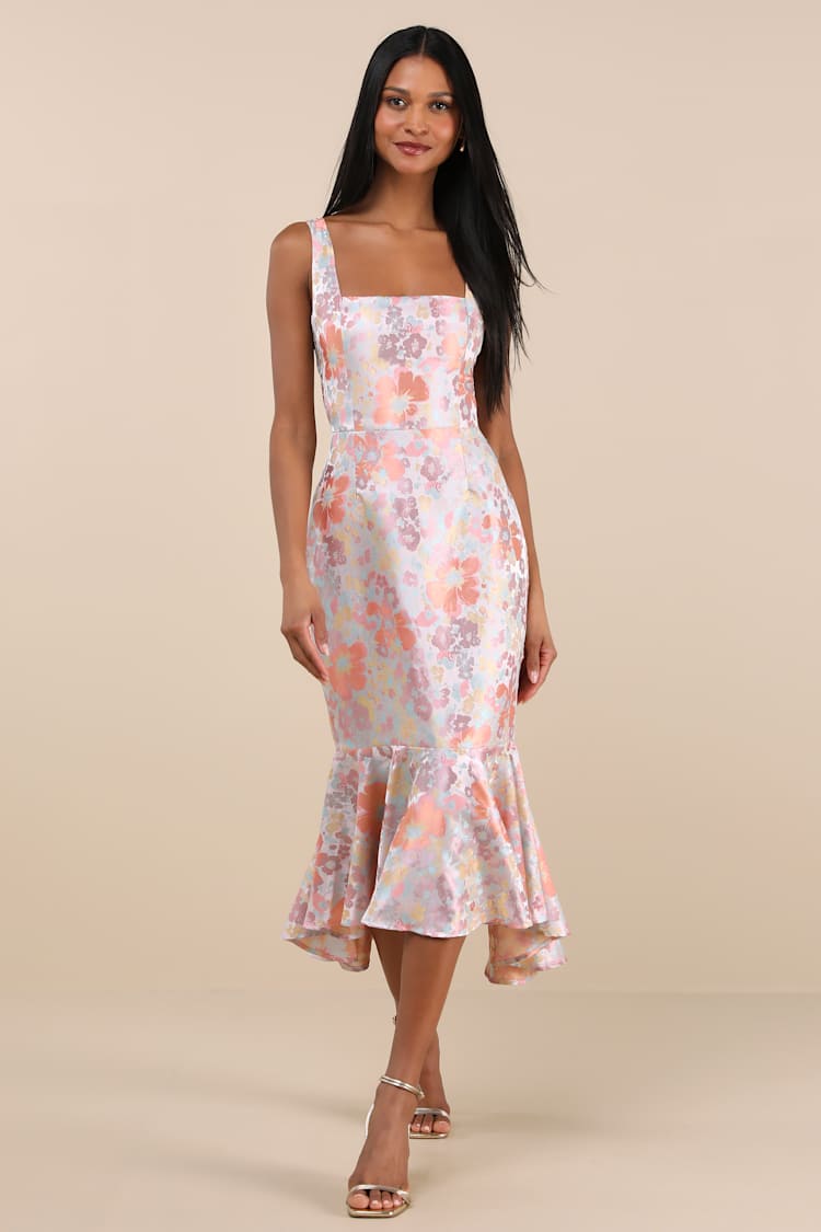 Mauve Floral Dress - Trumpet Midi Dress - Lace-Up Jacquard Dress - Lulus