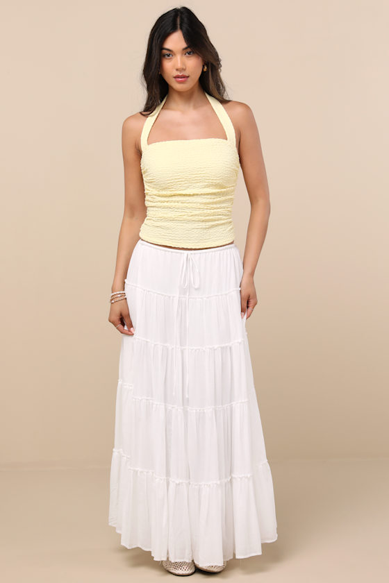 Lulus Andressa Light Yellow Textured Knit Ruched Halter Top In Yellow
