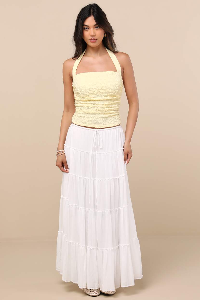 Andressa Light Yellow Textured Knit Ruched Halter Top