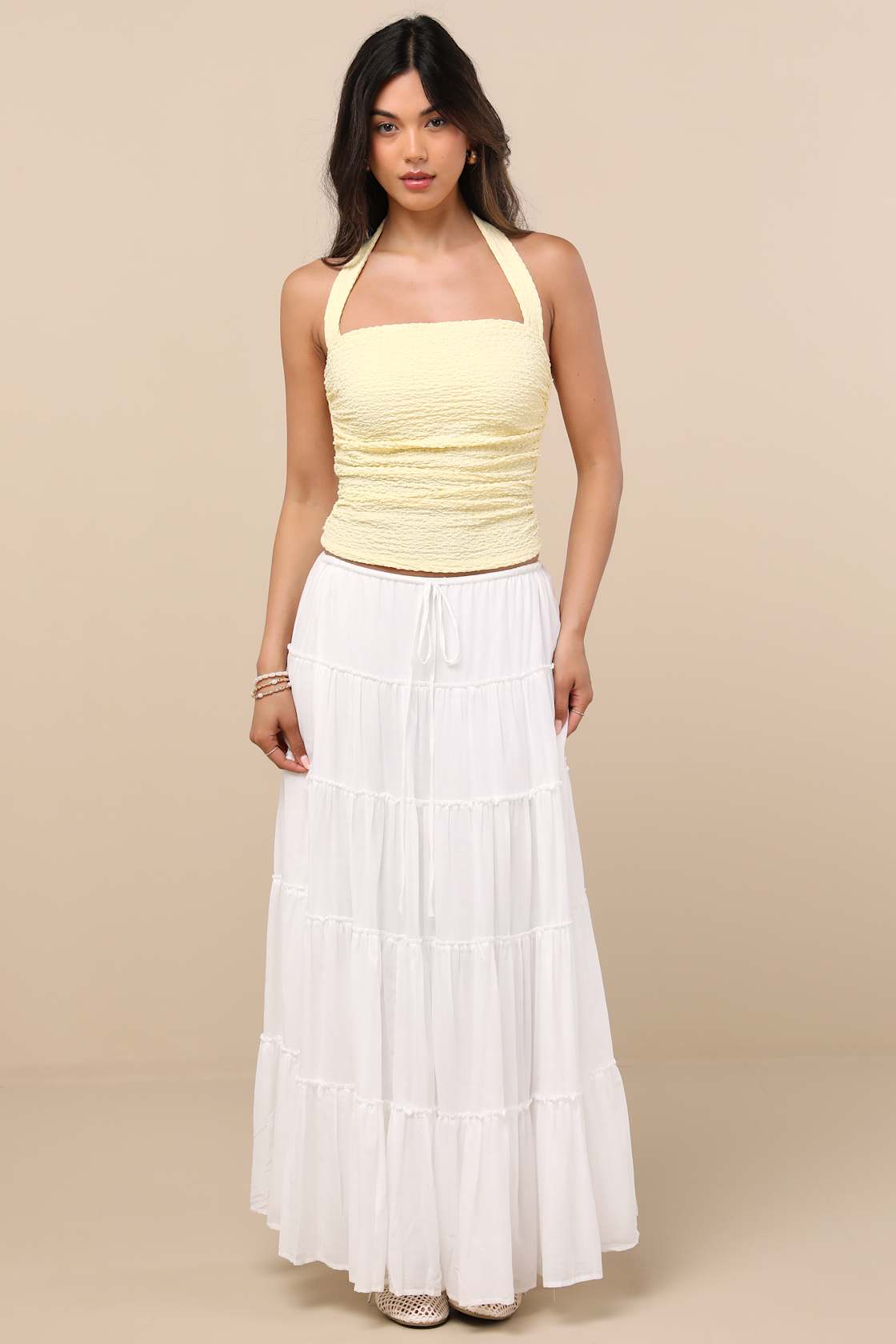 Andressa Light Yellow Textured Knit Ruched Halter Top