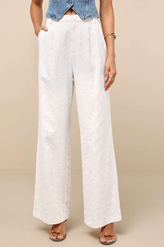 Lulus Andrey Cream Floral Embroidered Straight-leg Trouser Pants