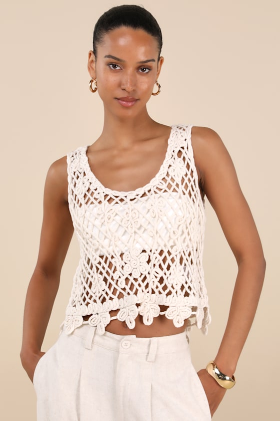 Image of Taisia Cream Sheer Crochet Knit Tank Top