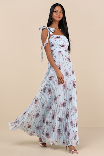 Gorgeous Purpose Blue Floral Pleated Sleeveless Bow Maxi Dress 4