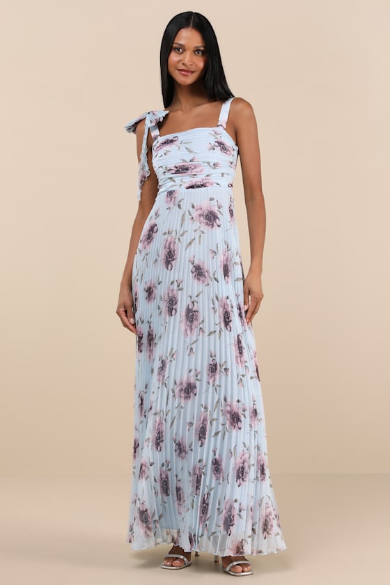 Lulus Gorgeous Purpose Blue Floral Pleated Sleeveless Bow Maxi Dress
