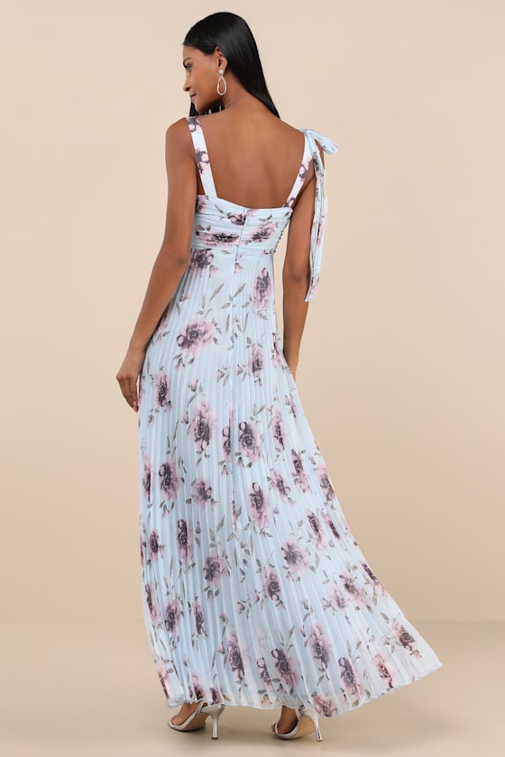 Lulus Gorgeous Purpose Blue Floral Pleated Sleeveless Bow Maxi Dress