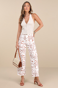 Free Fall Ivory Floral Twill High-Rise Wide-Leg Pants 1