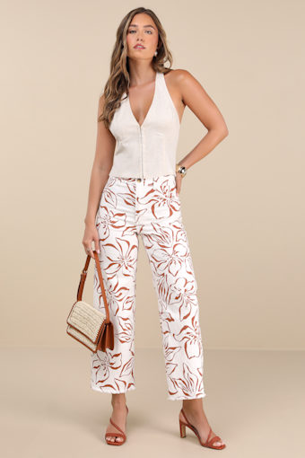 Free Fall Ivory Floral Twill High-Rise Wide-Leg Pants 1