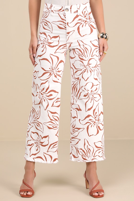 Free Fall Ivory Floral Twill High-Rise Wide-Leg Pants 2