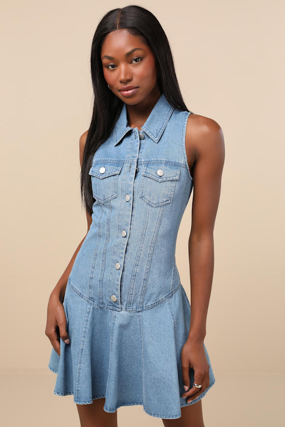 Jaila Medium Wash Denim Collared Mini Dress 3