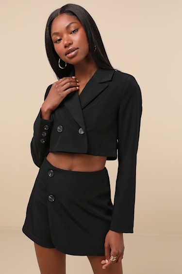Suit 'Em Up Black Double-Breasted Cropped Blazer