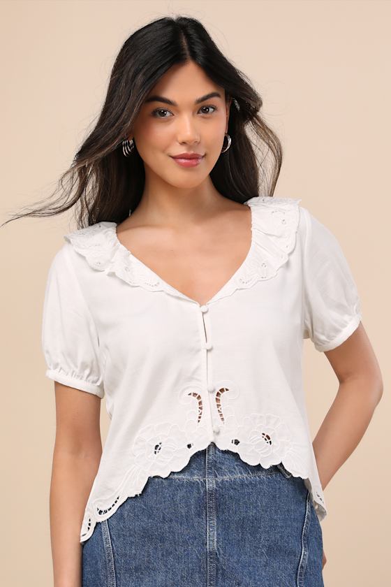Lulus Briallen Ivory Embroidered Short Sleeve Top In Black