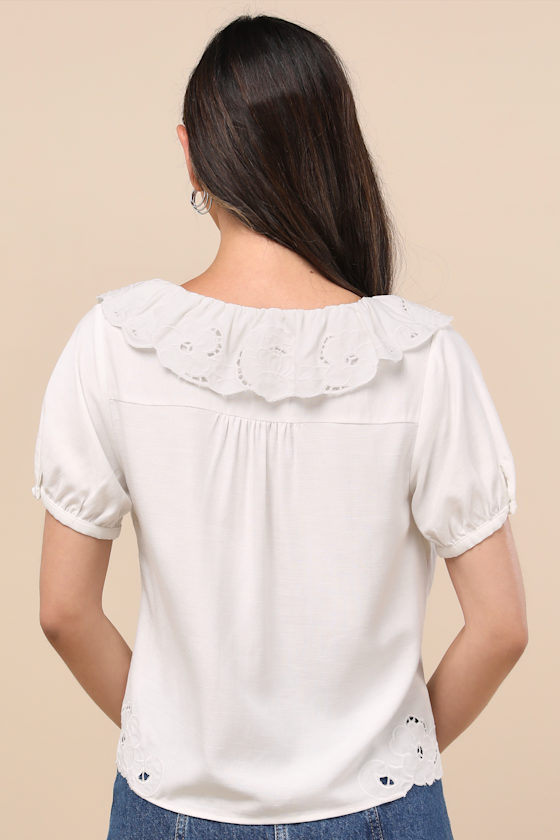 Lulus Briallen Ivory Embroidered Short Sleeve Top In Black