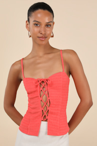 Annelie Coral Textured Knit Lace-Up Tank Top 3