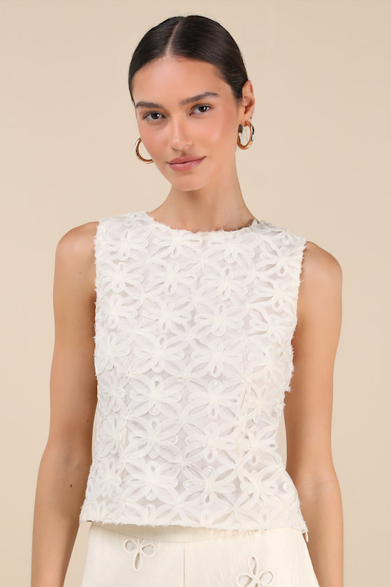 Charissa Ivory Textured Sleeveless Crew Neck Top 1