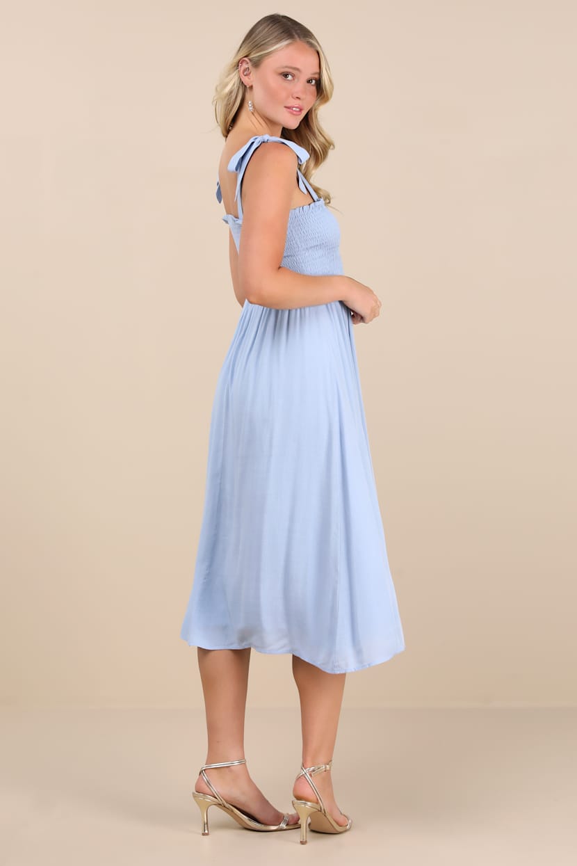 Looking Up Light Blue Smocked Tie-Strap Midi Dress