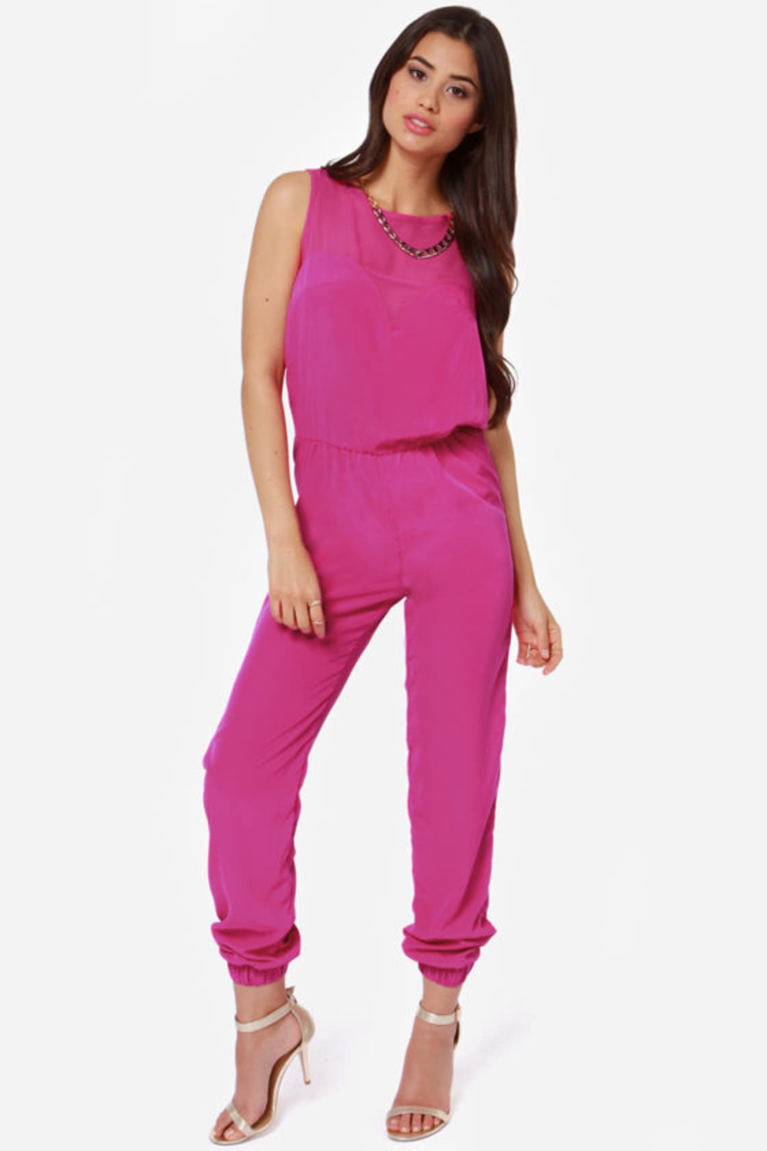 Pleated Chiffon Jumpsuit with Belt Fuchsia