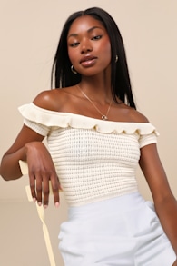 Atarah Cream Open-Knit Off-the-Shoulder Sweater Top 1