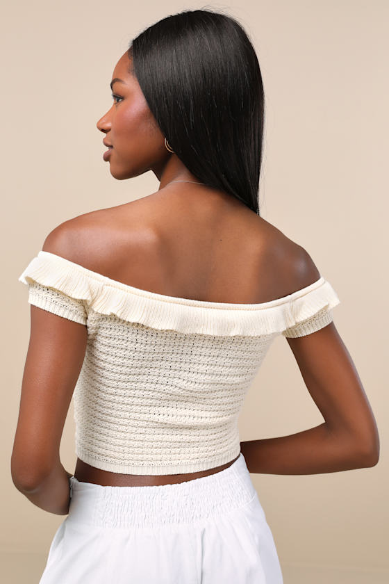 Atarah Cream Open-Knit Off-the-Shoulder Sweater Top 2