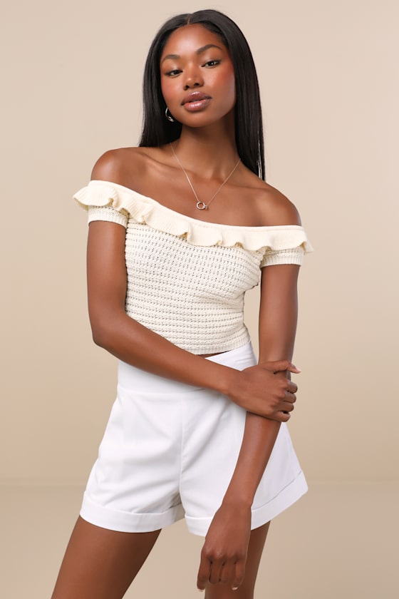 Atarah Cream Open-Knit Off-the-Shoulder Sweater Top 3