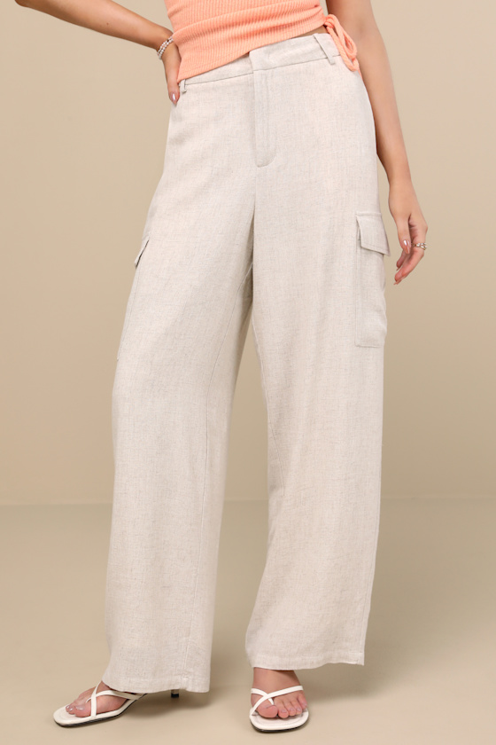 Lulus Cadelina Heather Beige Linen Cargo Trouser Pants