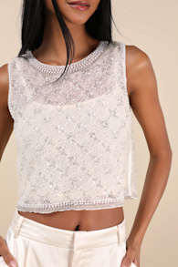 Eugenia Cream Sheer Mesh Sequin Beaded Tank Top 1