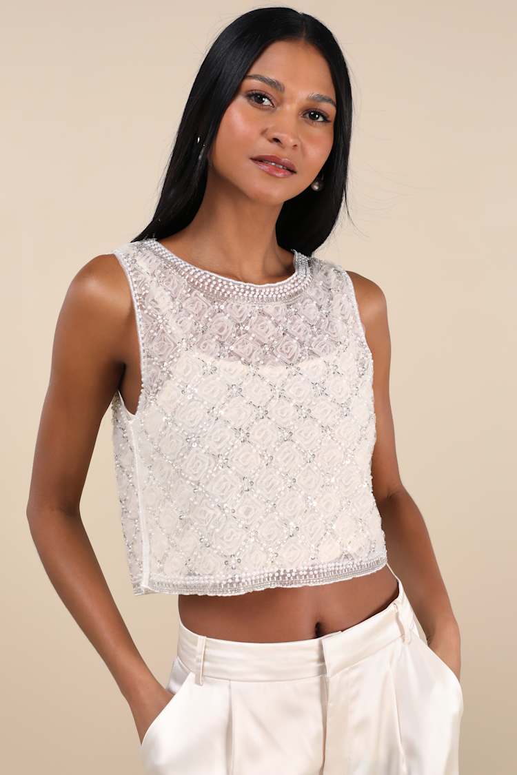 Eugenia Cream Sheer Mesh Sequin Beaded Tank Top