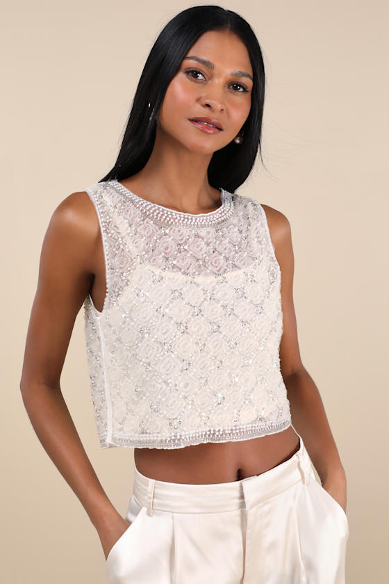 Eugenia Cream Sheer Mesh Sequin Beaded Tank Top 2