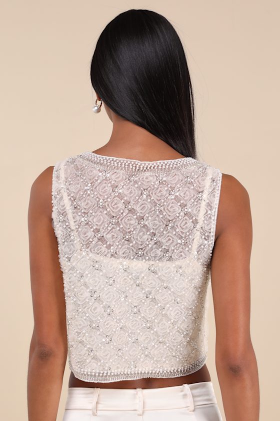 Lulus Eugenia Cream Sheer Mesh Sequin Beaded Tank Top