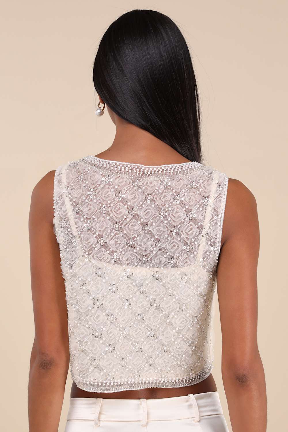 Eugenia Cream Sheer Mesh Sequin Beaded Tank Top