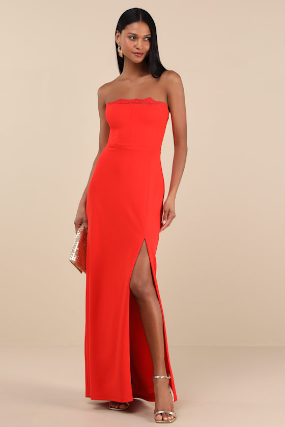 Lulus Memorably Iconic Red Strapless Lace Bustier Maxi Dress