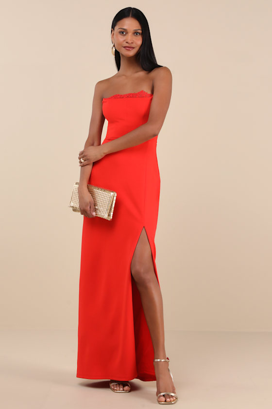 Lulus Memorably Iconic Red Strapless Lace Bustier Maxi Dress