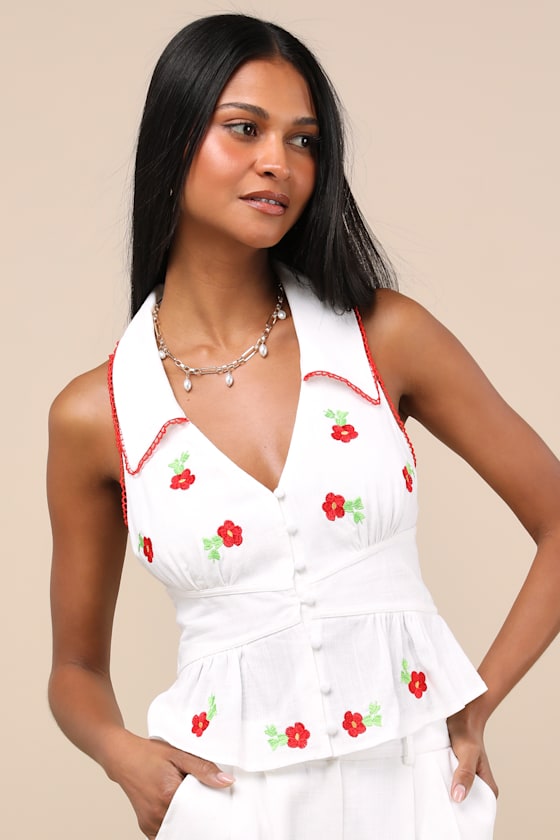 Lulus Ayah White Embroidered Collared Button-front Top