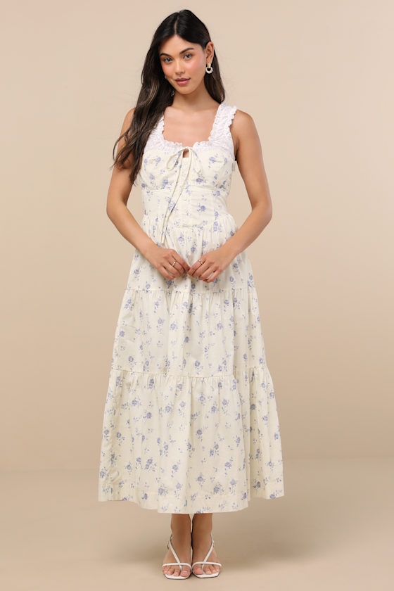 Lulus Bianka Ivory Floral Ruffled Tiered Midi Dress In Neutral