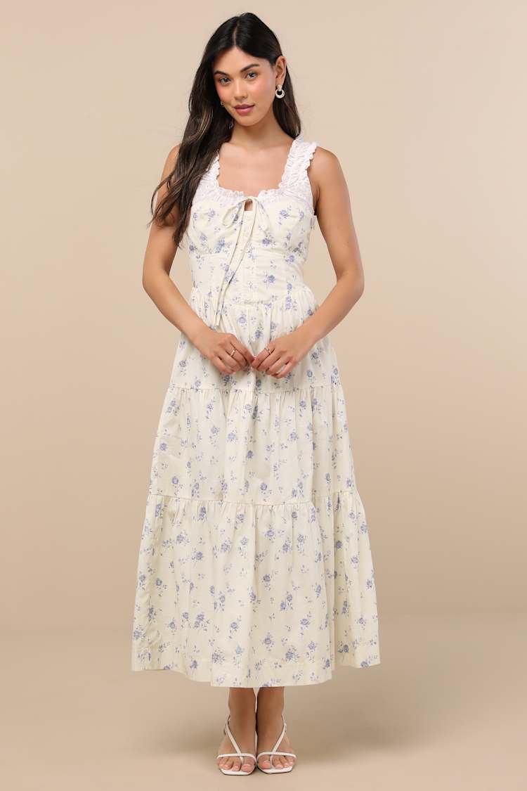 Ivory Floral Dress - Eyelet Embroidered Dress - Tiered Midi Dress