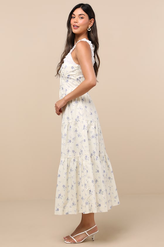 Lulus Bianka Ivory Floral Ruffled Tiered Midi Dress In Neutral