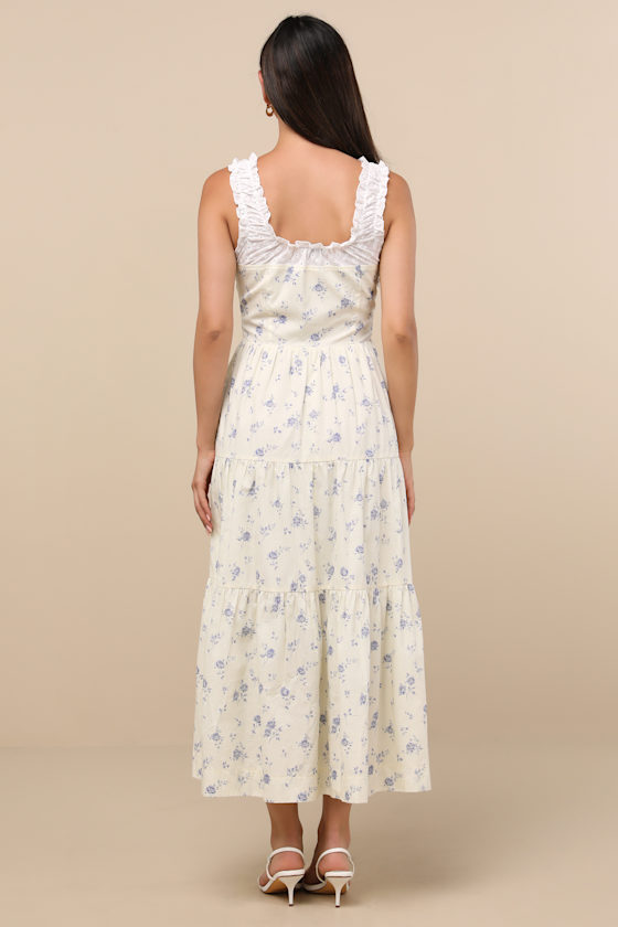 Lulus Bianka Ivory Floral Ruffled Tiered Midi Dress In Neutral
