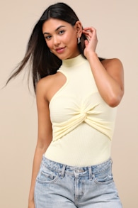 Vyla Light Yellow Textured Ribbed Twist-Front Bodysuit 1