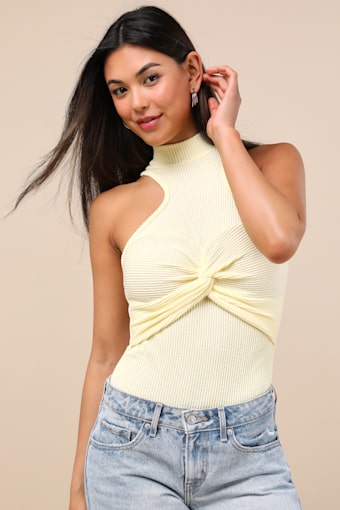 Vyla Light Yellow Textured Ribbed Twist-Front Bodysuit 1