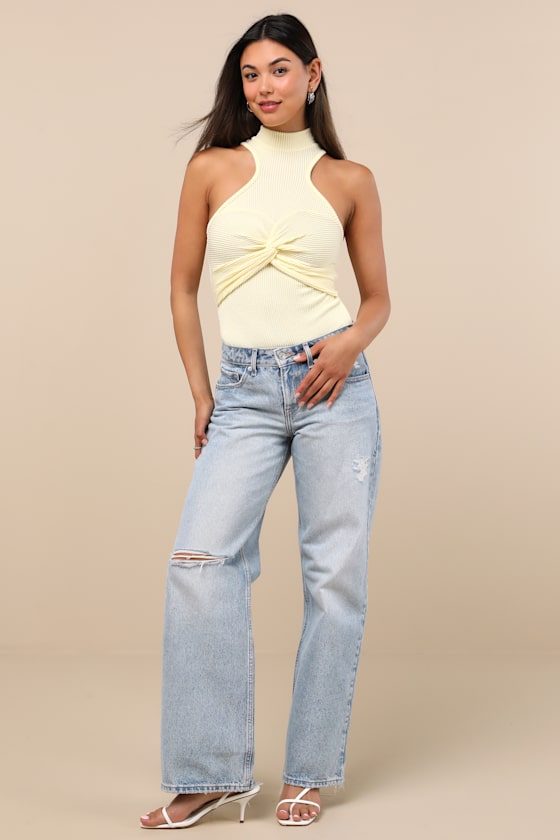 Lulus Vyla Light Yellow Textured Ribbed Twist-front Bodysuit