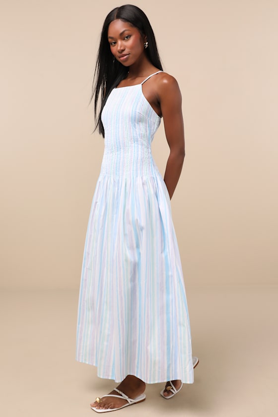Light Blue Multi Striped Dress - Textured Dress - Midi Dress - Lulus